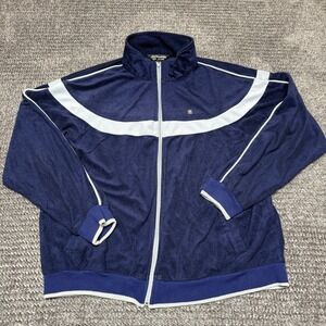 Pierre Cardin Mens L Velour Track Jacket Full Zip Navy Blue Gray Ribbed Vintage